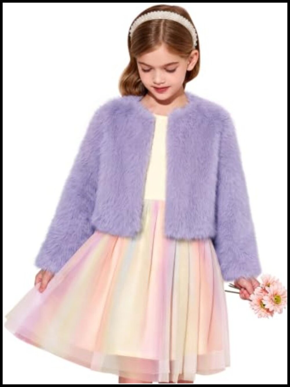 Girls Faux Fur Dress Coat Fluffy Open Front Long Sleeve Jacket